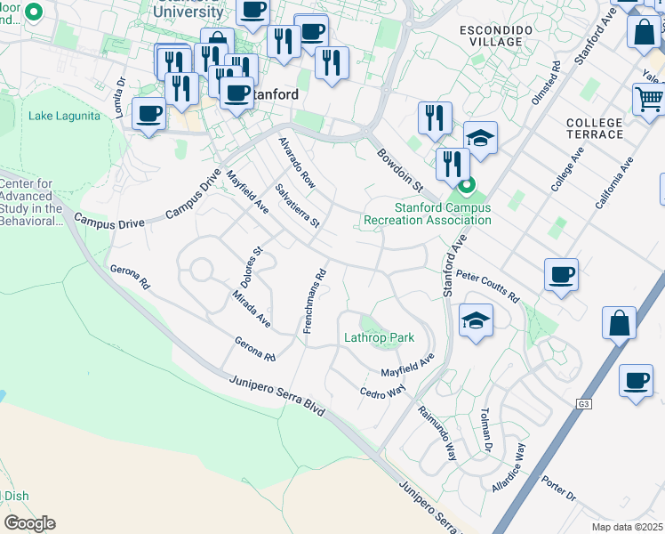map of restaurants, bars, coffee shops, grocery stores, and more near 705 Frenchmans Road in Stanford