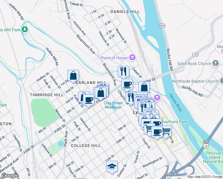 map of restaurants, bars, coffee shops, grocery stores, and more near 410 Court Street in Lynchburg