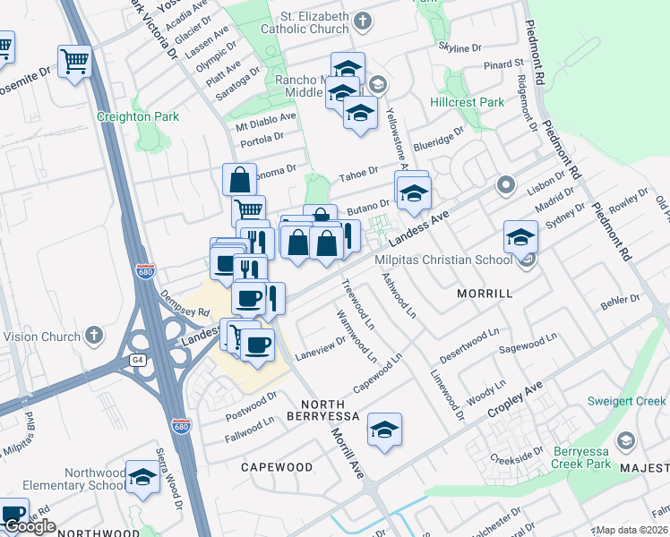 map of restaurants, bars, coffee shops, grocery stores, and more near 1789 Landess Avenue in Milpitas