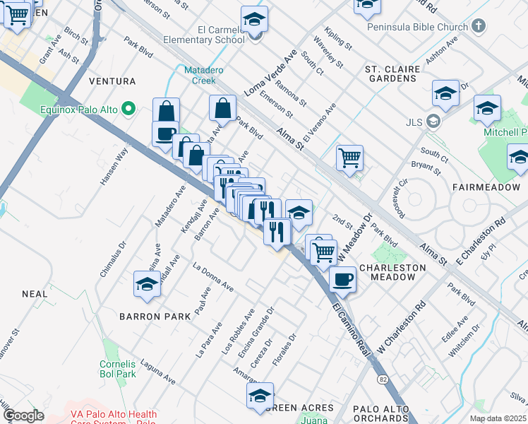 map of restaurants, bars, coffee shops, grocery stores, and more near in Palo Alto