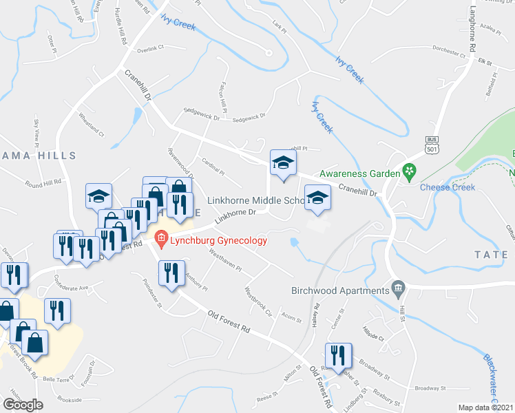 map of restaurants, bars, coffee shops, grocery stores, and more near 2604 Linkhorne Drive in Lynchburg