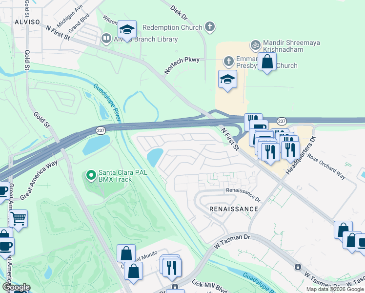 map of restaurants, bars, coffee shops, grocery stores, and more near 418 Pinefield Road in San Jose