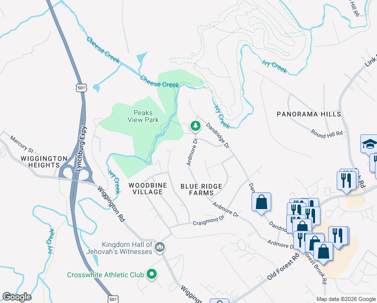 map of restaurants, bars, coffee shops, grocery stores, and more near 1137 Ardmore Drive in Lynchburg