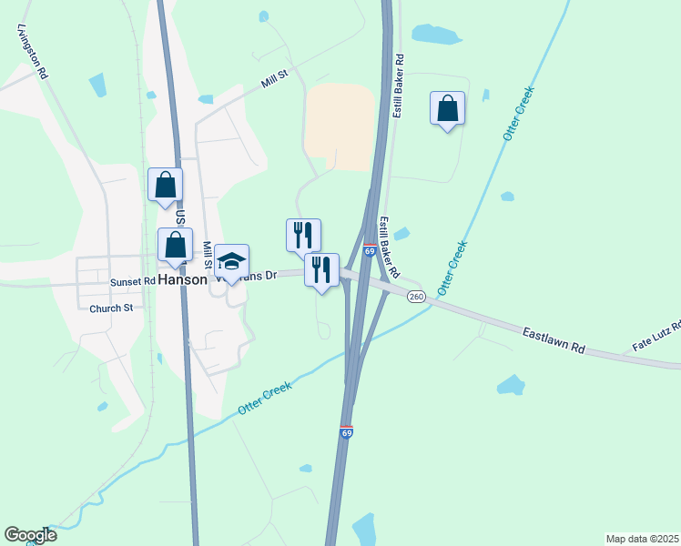 map of restaurants, bars, coffee shops, grocery stores, and more near 121 Eastlawn Road in Hanson