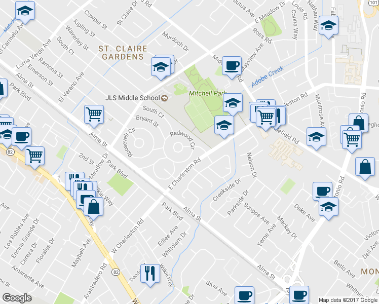 map of restaurants, bars, coffee shops, grocery stores, and more near 3793 Redwood Circle in Palo Alto