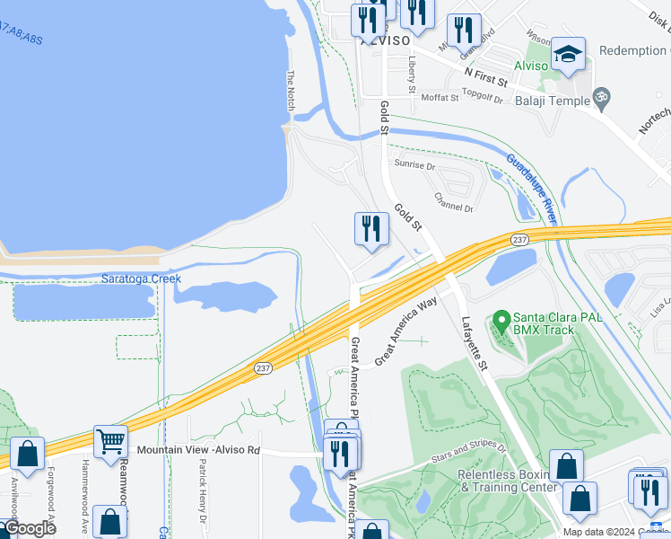 map of restaurants, bars, coffee shops, grocery stores, and more near 6001 America Center Drive in San Jose