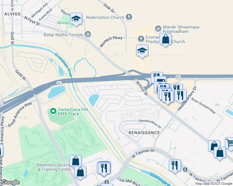 map of restaurants, bars, coffee shops, grocery stores, and more near 407 Pinefield Road in San Jose