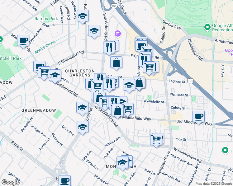 map of restaurants, bars, coffee shops, grocery stores, and more near 2550 Wyandotte Street in Mountain View