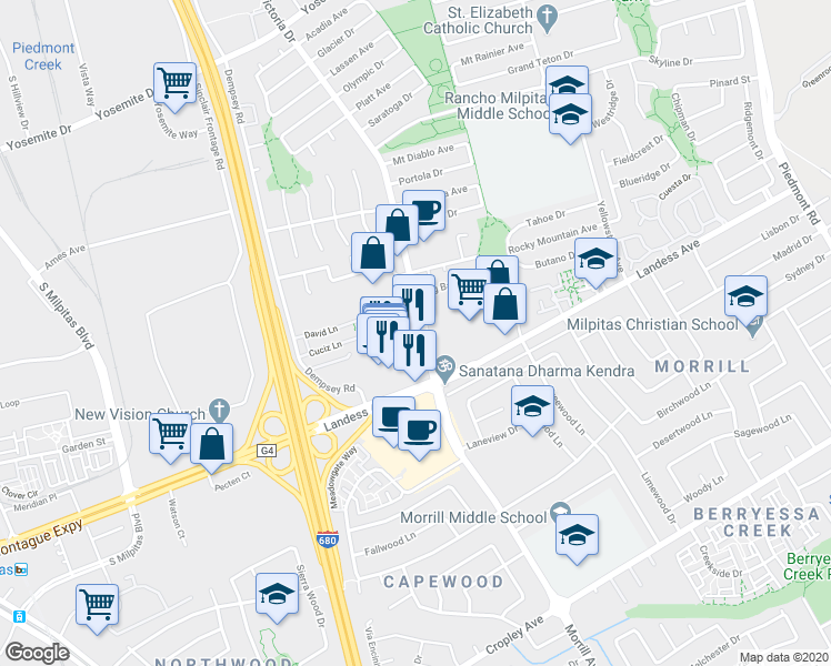 map of restaurants, bars, coffee shops, grocery stores, and more near 1333 South Park Victoria Drive in Milpitas
