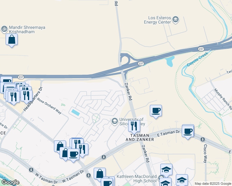 map of restaurants, bars, coffee shops, grocery stores, and more near 852 Spindrift Way in San Jose