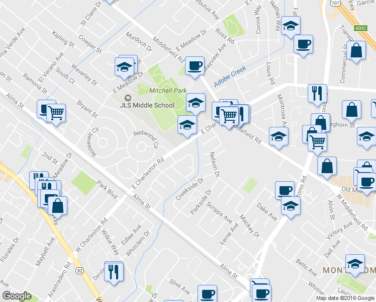 map of restaurants, bars, coffee shops, grocery stores, and more near 379 Ely Pl in Palo Alto