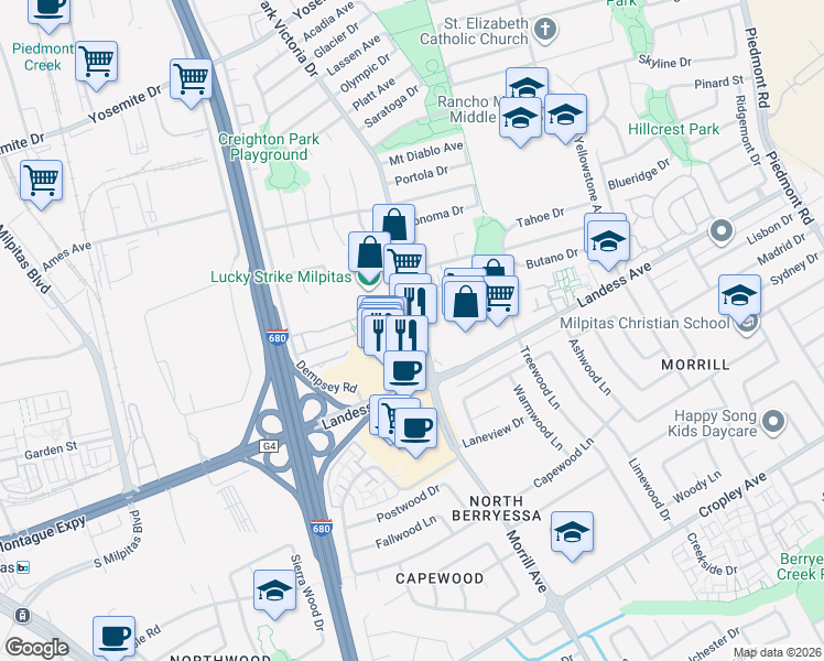 map of restaurants, bars, coffee shops, grocery stores, and more near 1333 South Park Victoria Drive in Milpitas