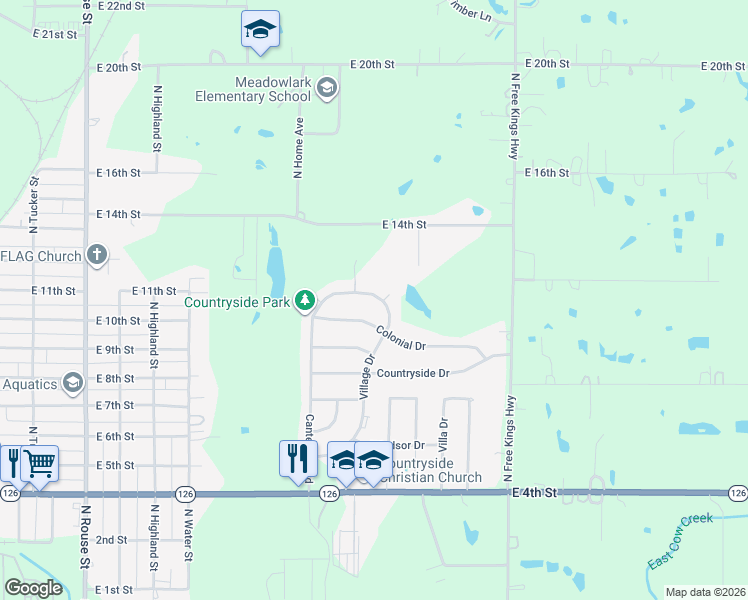 map of restaurants, bars, coffee shops, grocery stores, and more near 1047 Village Drive in Pittsburg