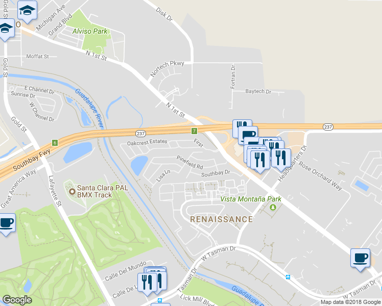 map of restaurants, bars, coffee shops, grocery stores, and more near 341 Eucalyptus Drive in San Jose