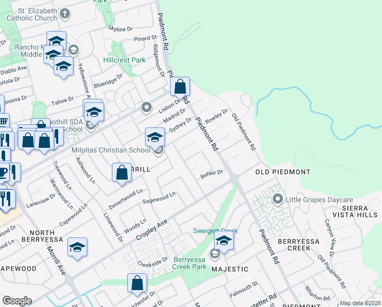 map of restaurants, bars, coffee shops, grocery stores, and more near 3527 Laurant Way in San Jose