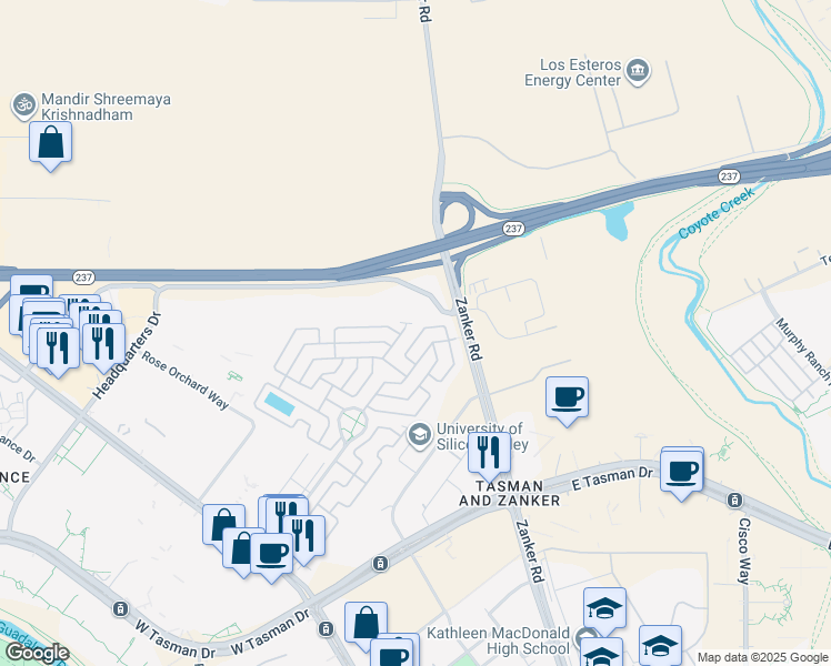 map of restaurants, bars, coffee shops, grocery stores, and more near 852 Spindrift Way in San Jose