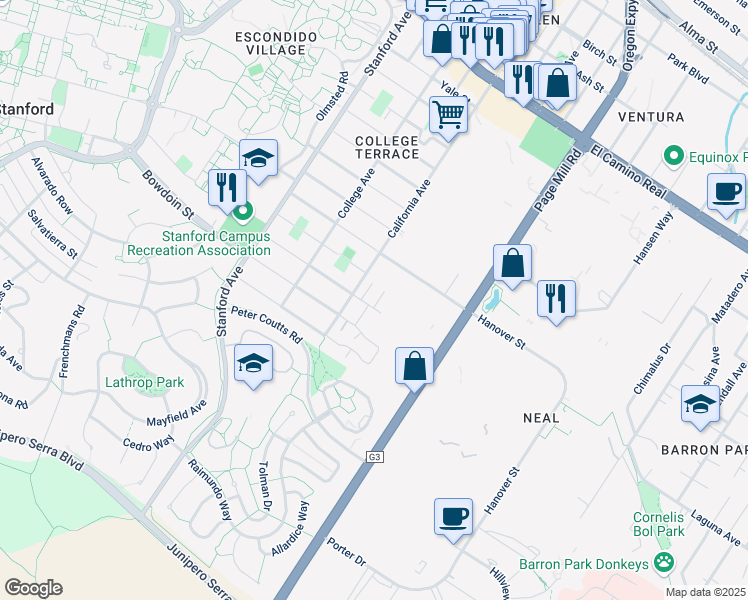 map of restaurants, bars, coffee shops, grocery stores, and more near 1490 Columbia Court in Palo Alto
