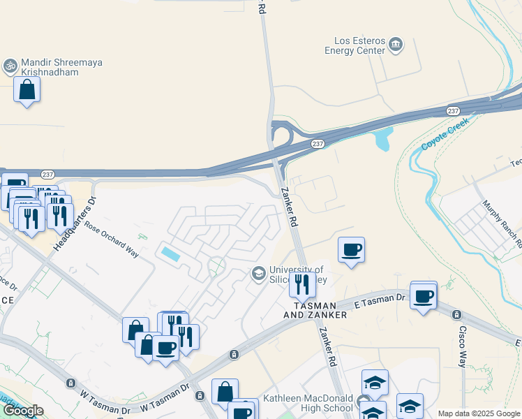 map of restaurants, bars, coffee shops, grocery stores, and more near 852 Spindrift Way in San Jose