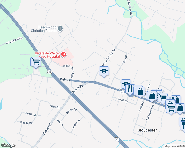 map of restaurants, bars, coffee shops, grocery stores, and more near 6326 Janice Court in Gloucester Courthouse