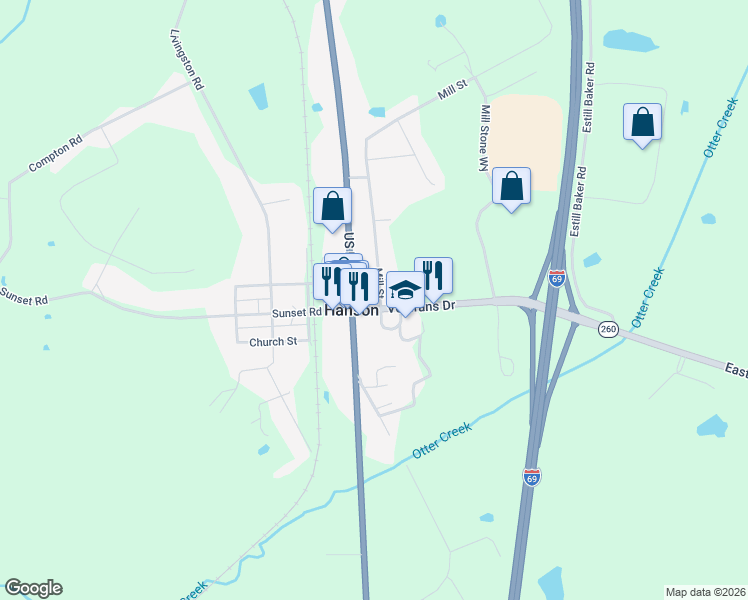 map of restaurants, bars, coffee shops, grocery stores, and more near 1-51 Mill Street in Hanson