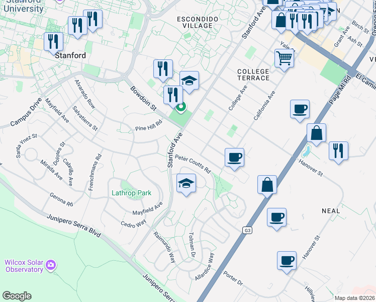 map of restaurants, bars, coffee shops, grocery stores, and more near 2170 Amherst Street in Palo Alto