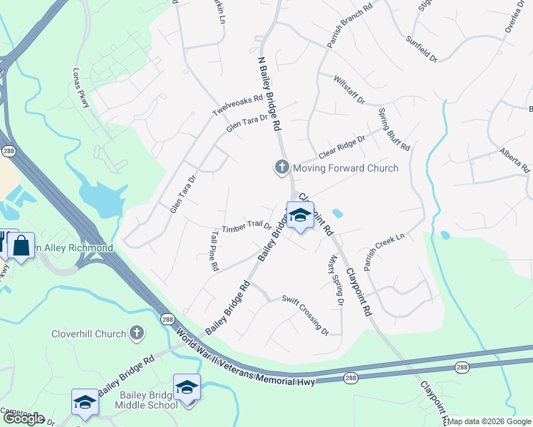 map of restaurants, bars, coffee shops, grocery stores, and more near 11916 Timber Trail Drive in Midlothian