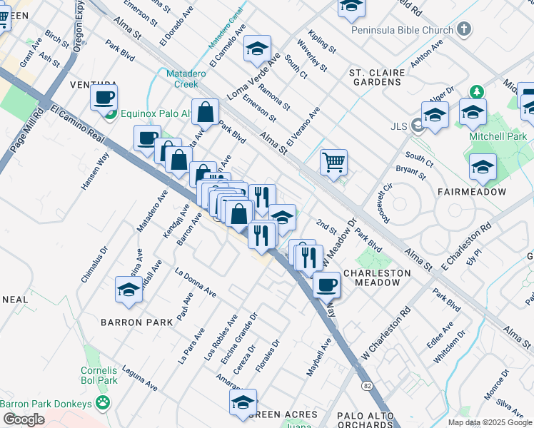 map of restaurants, bars, coffee shops, grocery stores, and more near 443 Ventura Avenue in Palo Alto