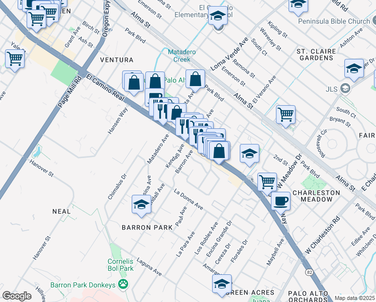 map of restaurants, bars, coffee shops, grocery stores, and more near 516 Barron Avenue in Palo Alto
