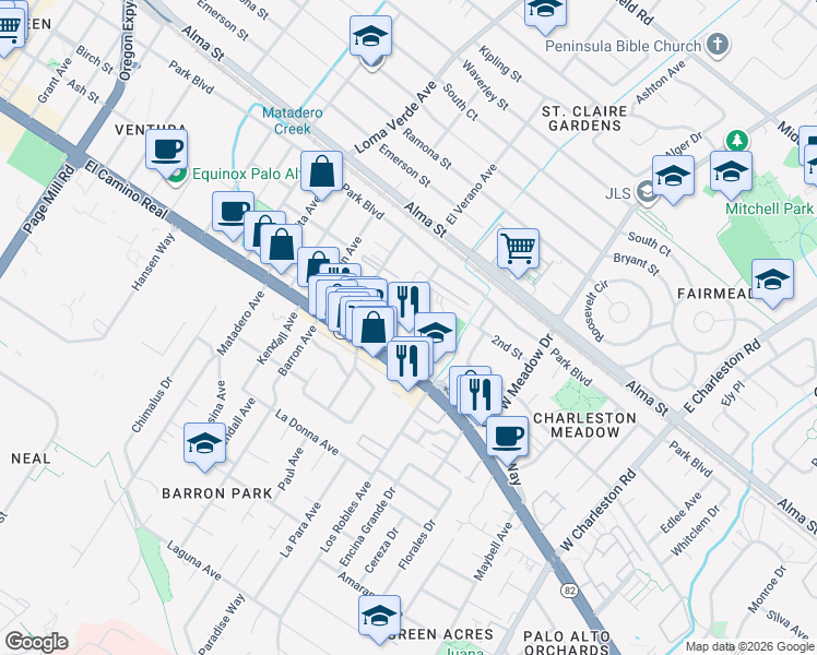 map of restaurants, bars, coffee shops, grocery stores, and more near 453 Ventura Avenue in Palo Alto