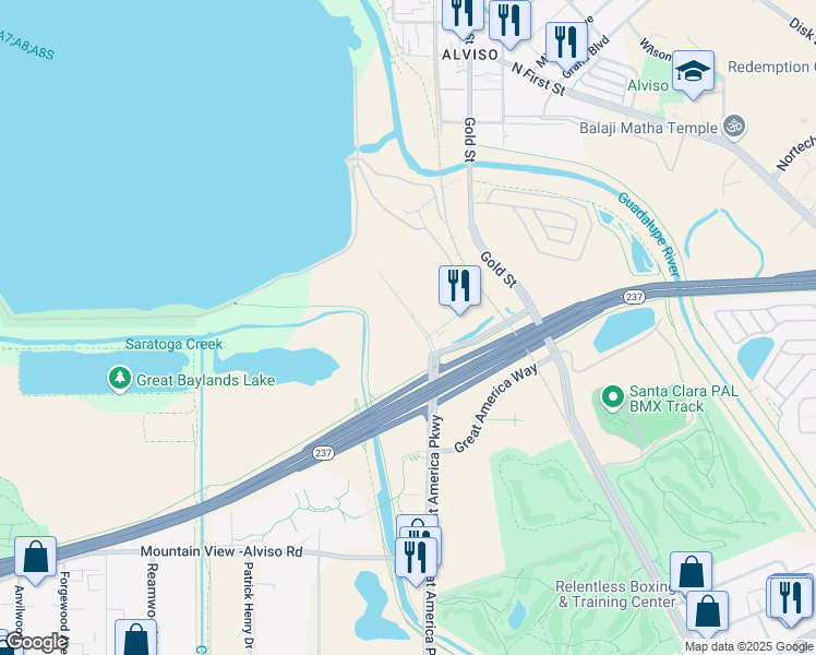 map of restaurants, bars, coffee shops, grocery stores, and more near 6001 Great America Parkway in Sunnyvale