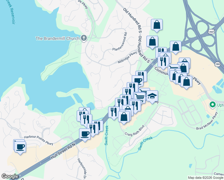 map of restaurants, bars, coffee shops, grocery stores, and more near 13315 Thornridge Court in Midlothian