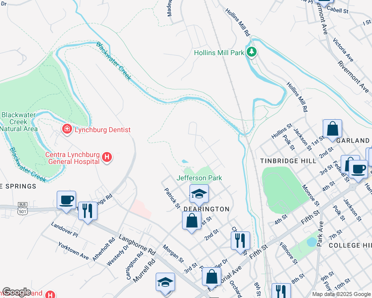 map of restaurants, bars, coffee shops, grocery stores, and more near 517 Stoneridge Street in Lynchburg