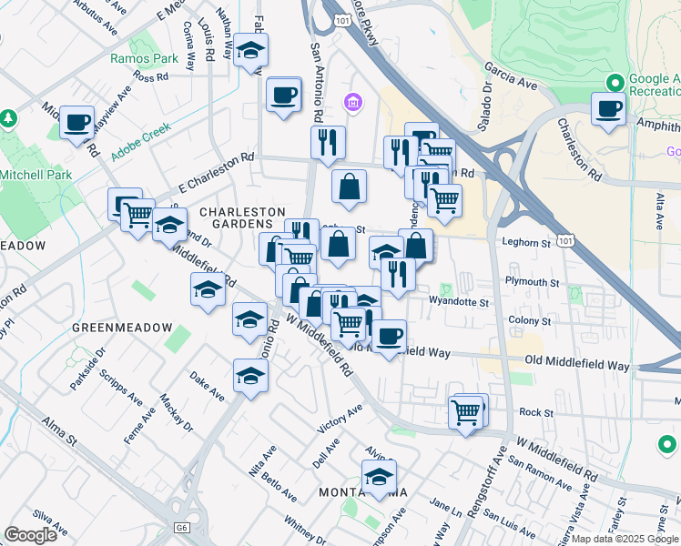 map of restaurants, bars, coffee shops, grocery stores, and more near 2550 Wyandotte Street in Mountain View