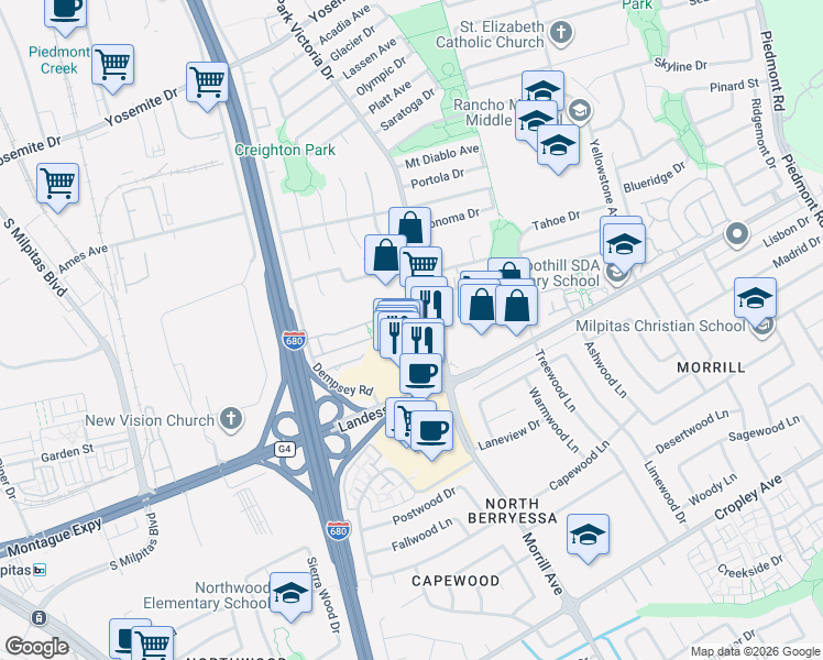 map of restaurants, bars, coffee shops, grocery stores, and more near 1526 Cuciz Lane in Milpitas