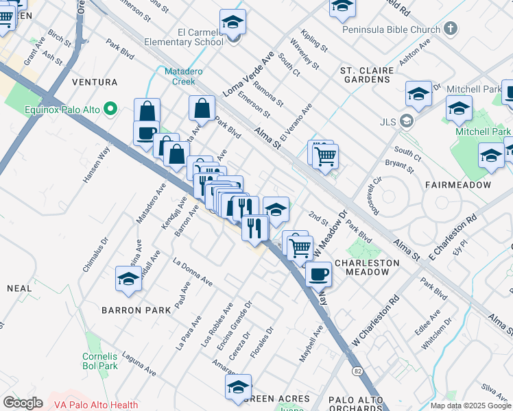 map of restaurants, bars, coffee shops, grocery stores, and more near 443 Ventura Avenue in Palo Alto