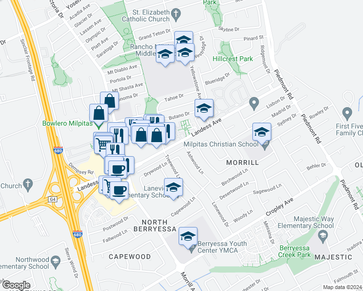 map of restaurants, bars, coffee shops, grocery stores, and more near 3228 Landess Avenue in San Jose