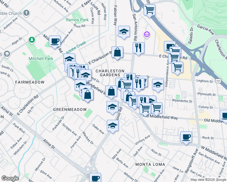 map of restaurants, bars, coffee shops, grocery stores, and more near 4134 Sutherland Drive in Palo Alto