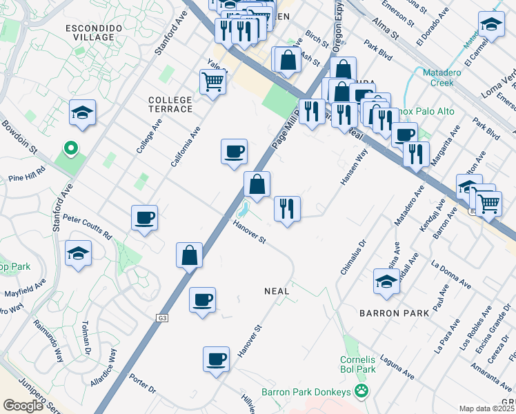 map of restaurants, bars, coffee shops, grocery stores, and more near 1001 Page Mill Road in Palo Alto