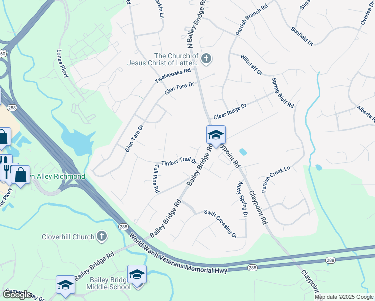 map of restaurants, bars, coffee shops, grocery stores, and more near 11903 Campbellridge Court in Midlothian