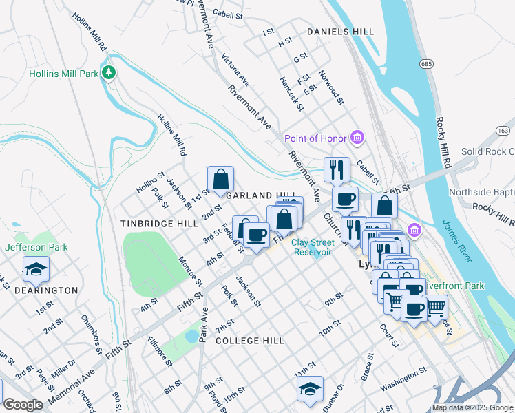 map of restaurants, bars, coffee shops, grocery stores, and more near 504 3rd Street in Lynchburg