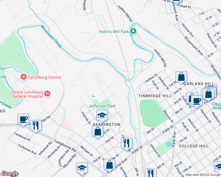 map of restaurants, bars, coffee shops, grocery stores, and more near 439 Pulaski Street in Lynchburg