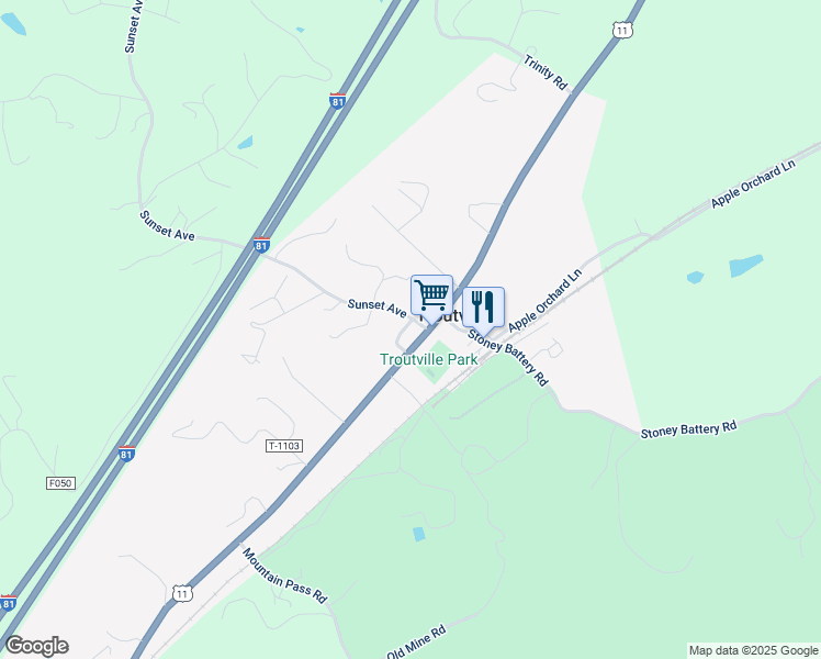 map of restaurants, bars, coffee shops, grocery stores, and more near 84 School Drive in Troutville