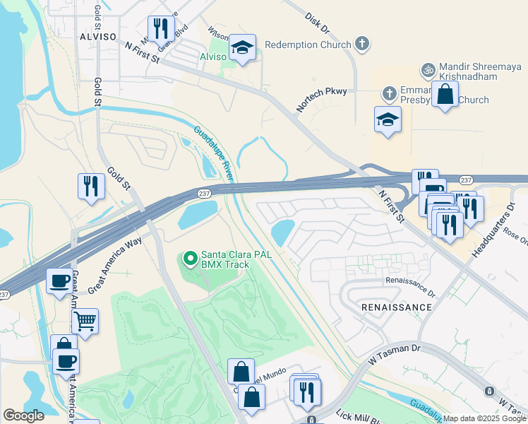 map of restaurants, bars, coffee shops, grocery stores, and more near 4271 North First Street in San Jose