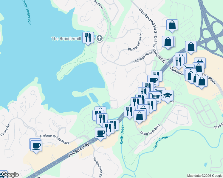 map of restaurants, bars, coffee shops, grocery stores, and more near 5118 Long Shadow Court in Midlothian
