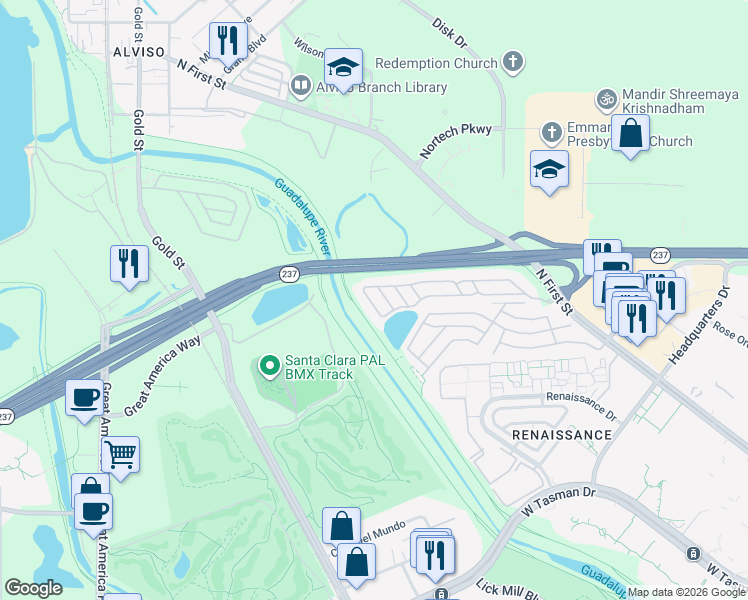 map of restaurants, bars, coffee shops, grocery stores, and more near 4271 North First Street in San Jose