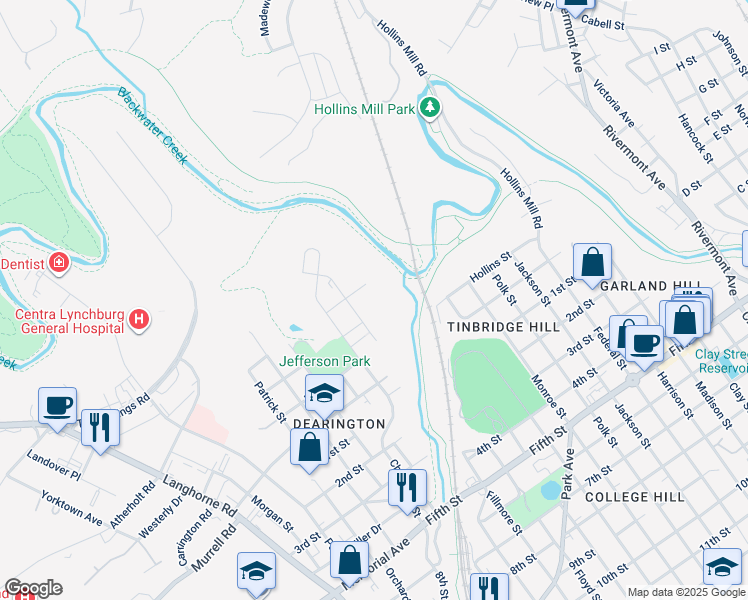 map of restaurants, bars, coffee shops, grocery stores, and more near 400 Maury Street in Lynchburg