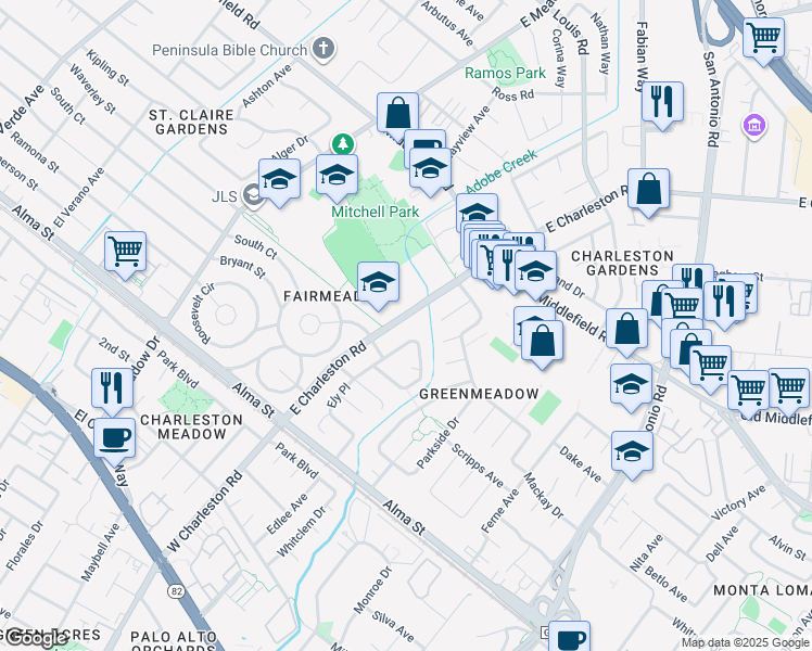 map of restaurants, bars, coffee shops, grocery stores, and more near 379 Ely Place in Palo Alto