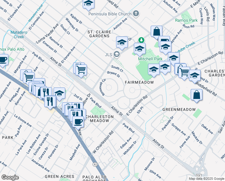 map of restaurants, bars, coffee shops, grocery stores, and more near 8 Roosevelt Circle in Palo Alto