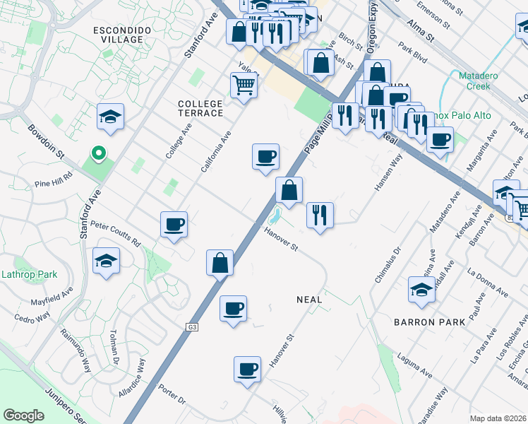 map of restaurants, bars, coffee shops, grocery stores, and more near in Palo Alto