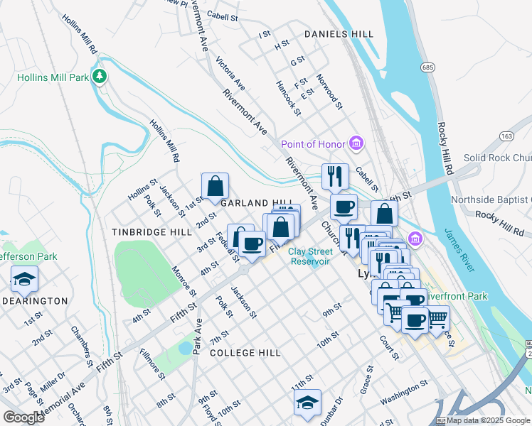 map of restaurants, bars, coffee shops, grocery stores, and more near 309 Clay Street in Lynchburg
